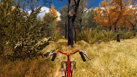 Red bicycle in a forest designed by computer in a virtual environment 3d rend Ilustración de archivo
