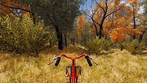 Red bicycle in a forest designed by computer in a virtual environment 3d rend Ilustración de archivo