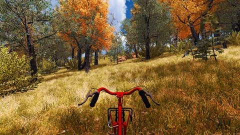 Red bicycle in a forest designed by computer in a virtual environment 3d rend Illustration
