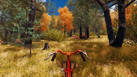 Red bicycle in a forest designed by computer in a virtual environment 3d rend Ilustración de archivo