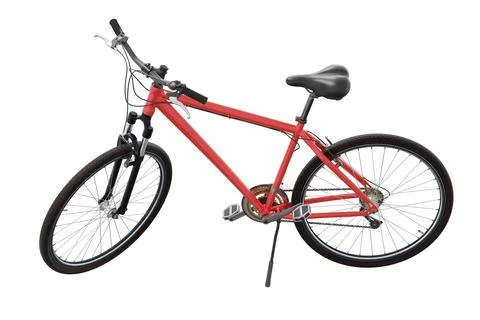 Red bicycle standing on kickstand, side view isolated on white background Stock Illustration