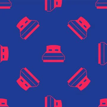 Red Big bed for two or one person icon isolated seamless pattern on blue Stock Illustration