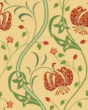 Red big lily seamless pattern on beige background. Vector illustration. Stock Illustration