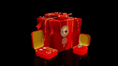 Red bijouterie gift box with necklace ring and eardrops with diamonds Stockillustratie