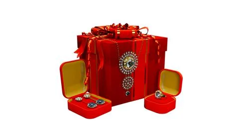 Red bijouterie giftbox with chaplet ring and eardrops with diamonds - on white Stock Illustration