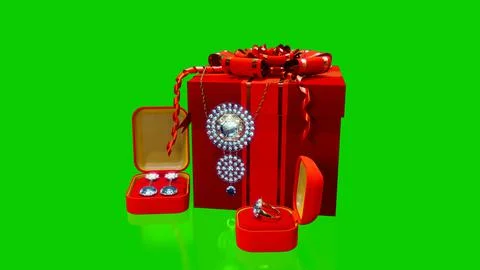 Red bijouterie present with choker ring and earrings with diamonds - on green Stock Illustration