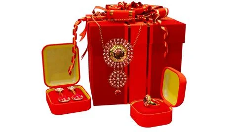 Red bijouterie surprise gift box with choker ring and shackles with diamonds Stock Illustration