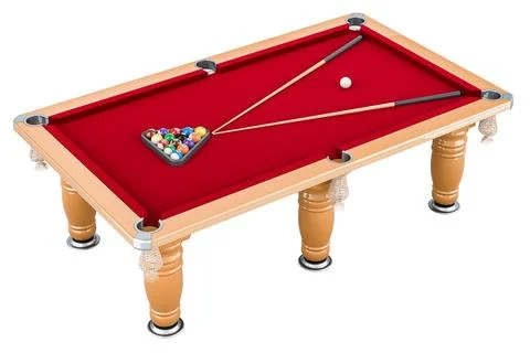 Red billiard table with balls and cue, 3D rendering Stock Illustration