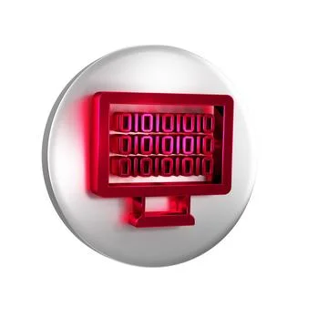 Red Binary code icon isolated on transparent background. Silver circle button Stock Illustration