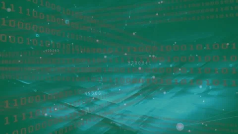 Red binary code scrolling across 3D wave grid, showing floating numbers Video stock 308025087