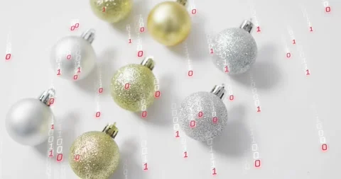 Red binary digits emerging, white streams falling across gold silver baubles Stock Footage 317841145