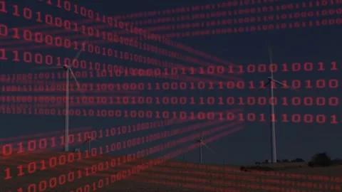 Red binary matrix emerging from left and sweeping right over wind turbines, Stock Footage 333169218