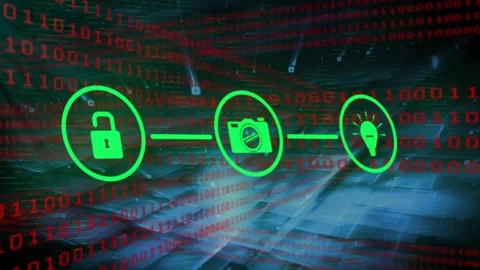 Red binary rolling causing icon chain emerging linking unlocking camera bulb Stock Footage 329833262