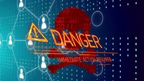 Red binary skull appearing, cyber alert needing urgent action, DANGER forming as Stock Footage 334729263