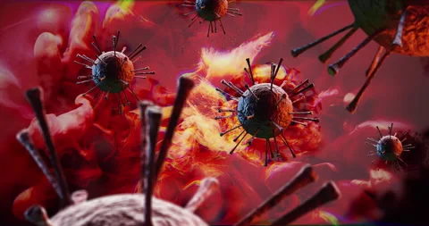 Red biohazard pathogen viruses nucleus on bloodcell fire. Close up 스톡 동영상 154783439