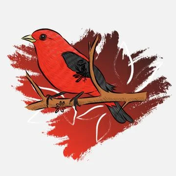 Red Bird Sitting on a Branch Stock Illustration