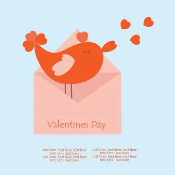 A red bird stands in an envelope and sends out hearts. Stock Illustration