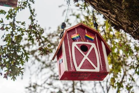 The red birdhouse on a tree in spring forest background Stock Photos
