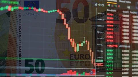 Red Bitcoin Candlestick Chart on a background 50 Euro banknotes Stock Photos