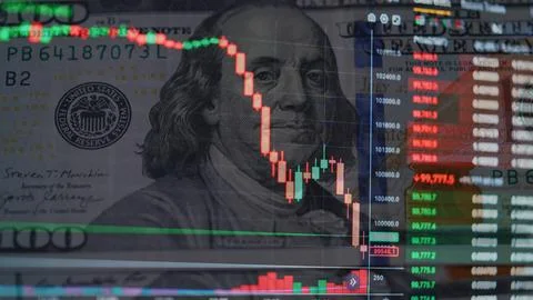 Red Bitcoin Candlestick Chart with US Dollar bills in the Background, Stock Photos