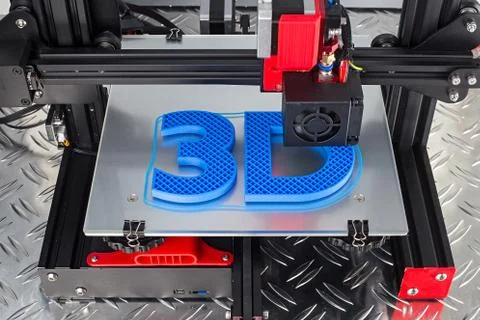 Red black 3D printer printing blue logo symbol on metal diamond plate future  Stock Photos