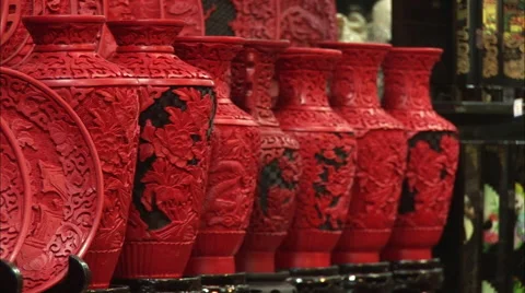 Red &amp; black Chinese lacquerware crafts Stock Footage 56067055
