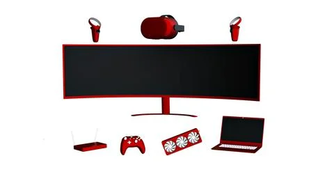 Red Black Computer Realistic Devices Set. Isolated on white background. Stock Illustration
