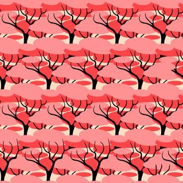 Red black forest seamless pattern bright contrasting scrapbook deciduous tree Stock Illustration