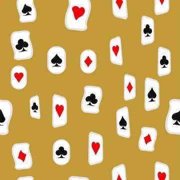 Red, black, golden suits of playing cards seamless pattern. Spades, crosses.. Stock Illustration