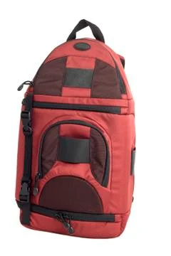 Red black nylon canvas backpack with zippers pockets and handle Stock Photos