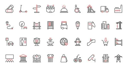 Red black thin line city building, infrastructure and facility trendy icons set Ilustración de archivo