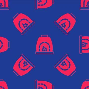 Red Blacksmith oven icon isolated seamless pattern on blue background. Vector Stockillustratie