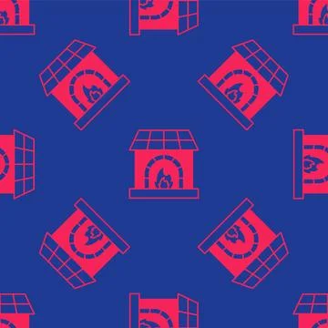 Red Blacksmith oven icon isolated seamless pattern on blue background. Vector Stock Illustration