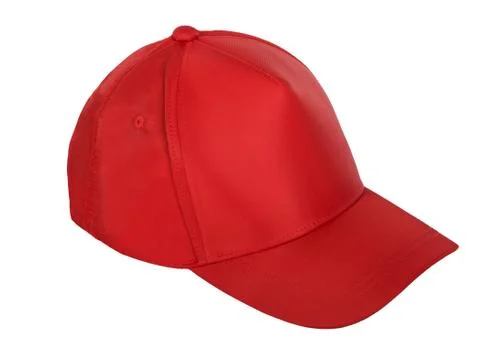 Red blank baseball cap closeup of side view on white background. Stock Photos
