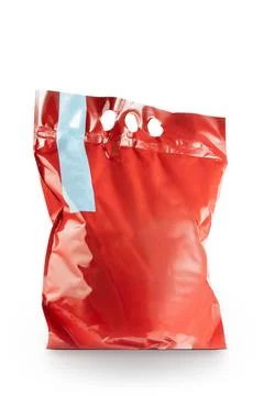 Red blank plastic packaging bag isolated on white background, mockup templa.. Stock Photos