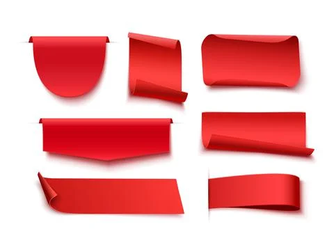 Red blank tags, labels or badges are isolated. Different shape curved ribbons Stock Illustration