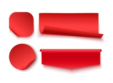 Red blank tags, labels or badges are isolated. Different shape curved ribbons Stock Illustration