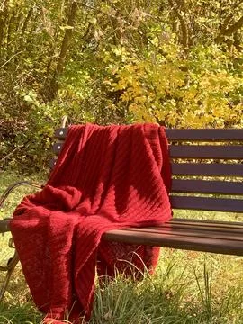 Red blanket draped over a bench surrounded by vibrant fall foliage in a serene Stock Photos