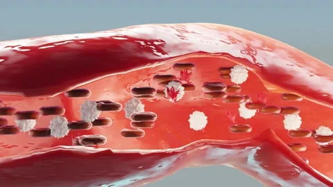 Red blood cells flow inside an artery, viewed from the transverse artery. Stock Footage 149302380