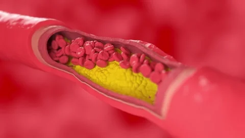 Red blood cells flow through the vessel affected by cholesterol plaque Stock Footage 164960115
