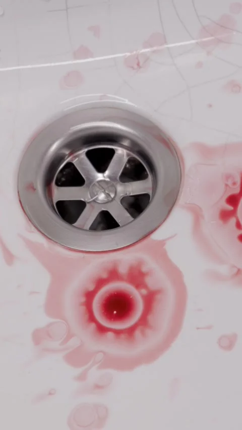 Red Blood Drops Splattering Into White Bathroom Sink Drain Video stock 329608469