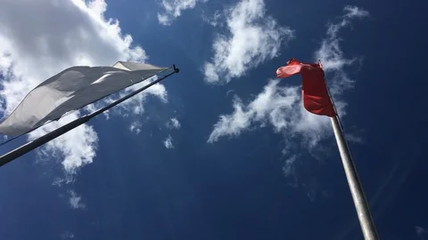 Red, Blue and White flags against clear blue sky. Sunrays. Handheld video Stock Footage 109422736