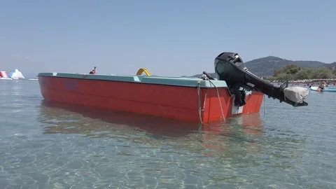 Red-Blue boat on wave, close up greek small boat on the water, boat on the se Stock Footage 122209155