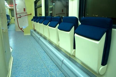 Red blue comfortable seats on the train 写真素材