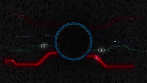 Red blue cyber circuit visual central target ring, black grid surface, and glowi Stock Footage 340528333