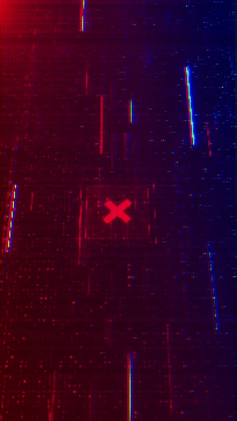Red blue digital error glowing cross mark, glitch grid texture, falling scan lin Stock Footage 340479353