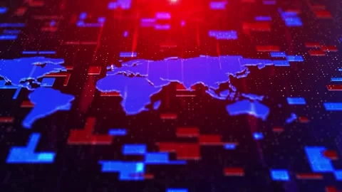 Red blue digital world map glowing continents, grid points, network blocks, Stock Footage 340479869