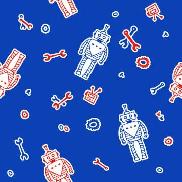Red Blue Fun Robot Seamless Pattern Background Wallpaper for kid boys Stock Illustration