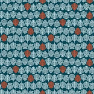 Red blue leaf seamless doodle pattern. Random placed, vector botany plants on Stock Illustration