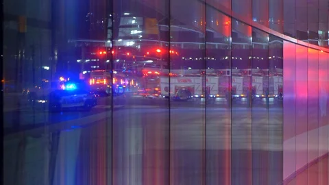 Red Blue Light Flashing Lights, Reflections of Ambulance Police Fire Truck Glass Stock Footage 129531782